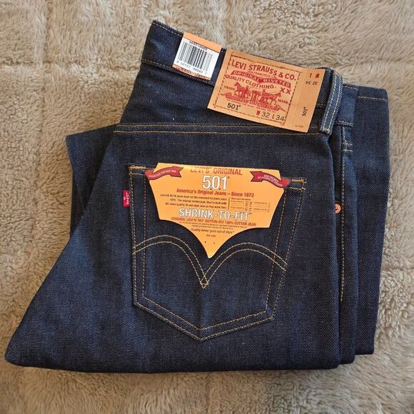 Levis 501 Jeans Deadstock Size 32 x 34 Dark Wash Shrink To Fit Y2K NEW Straight